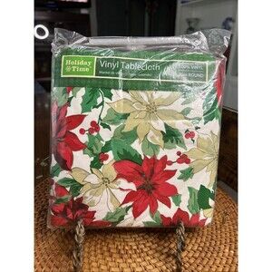 New! Wal-Mart 'Holiday Time' Poinsettia Rectangle Vinyl Tablecloth 70” Round